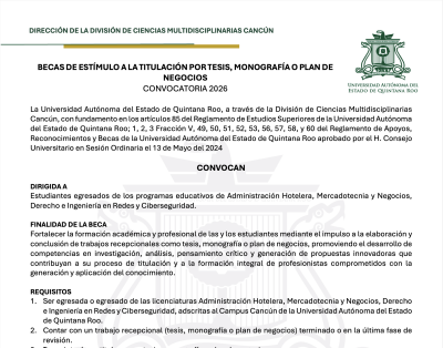 Banner de BECAS DE ESTÍMULO A LA TITULACIÓN POR TESIS, MONOGRAFÍA O PLAN DE NEGOCIOS